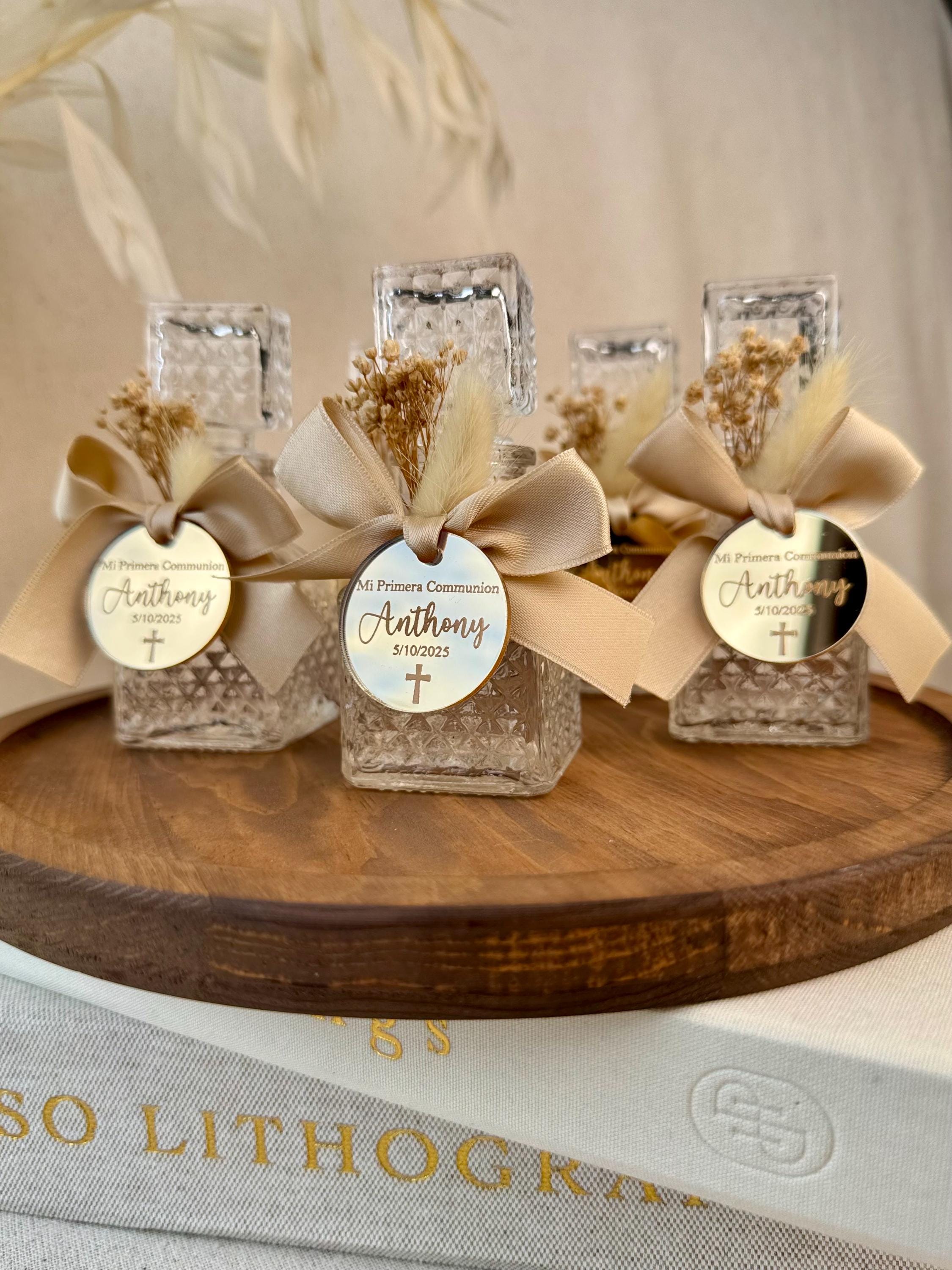 Glass Baptism Gift Vintage Style Bottle Pink Ribbon Collection Cross Charm Detail Religious Ceremony Favor Baby Breath Flowers Beautiful Keepsake Design Premium Quality Construction Traditional Style Elegant Presentation Box Special