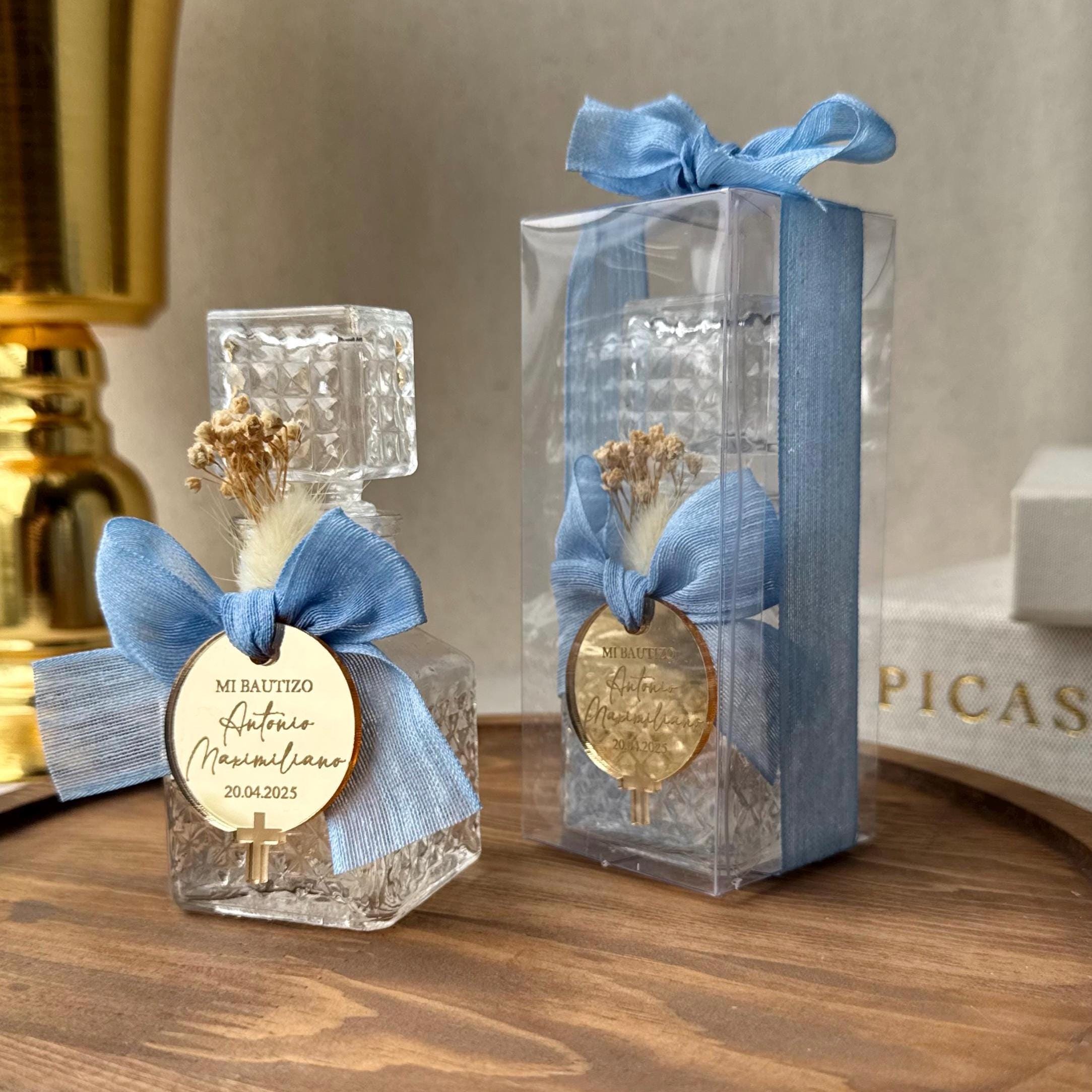 Blue Baptism Gift Collection Holy Water Storage Vessel Premium Glass Container Crystal Stopper Design Religious Ceremony Package Custom Label Options Prayer Card Set Special Occasion Present Sacred Keepsake Item Beautiful Display Piece
