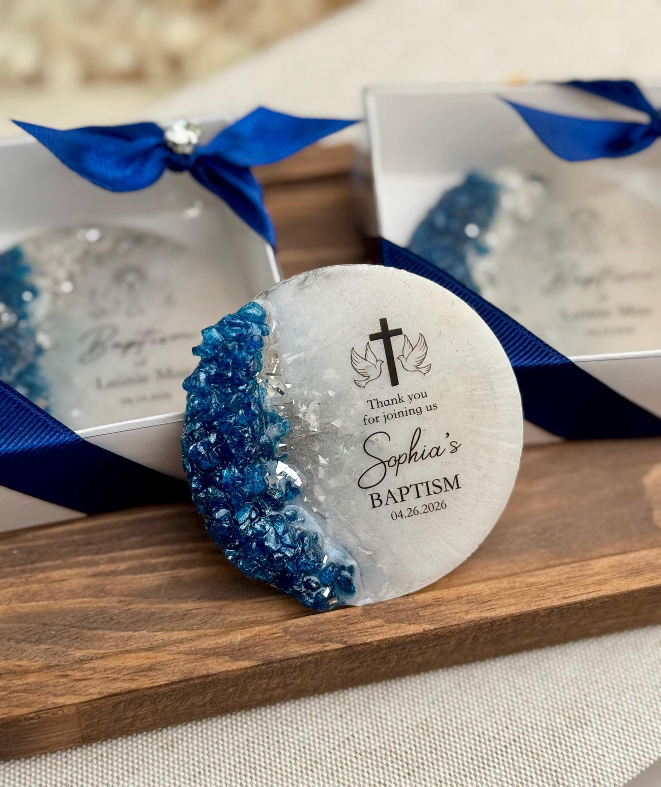 Baptism Moon Magnet Custom Design Religious Keepsake Crystal Details Silver Accents Personalized Name Date Options Holy Celebration Memory Special Occasion Gift White Box Presentation Blue Ribbon Trim Beautiful Spiritual Memento Display