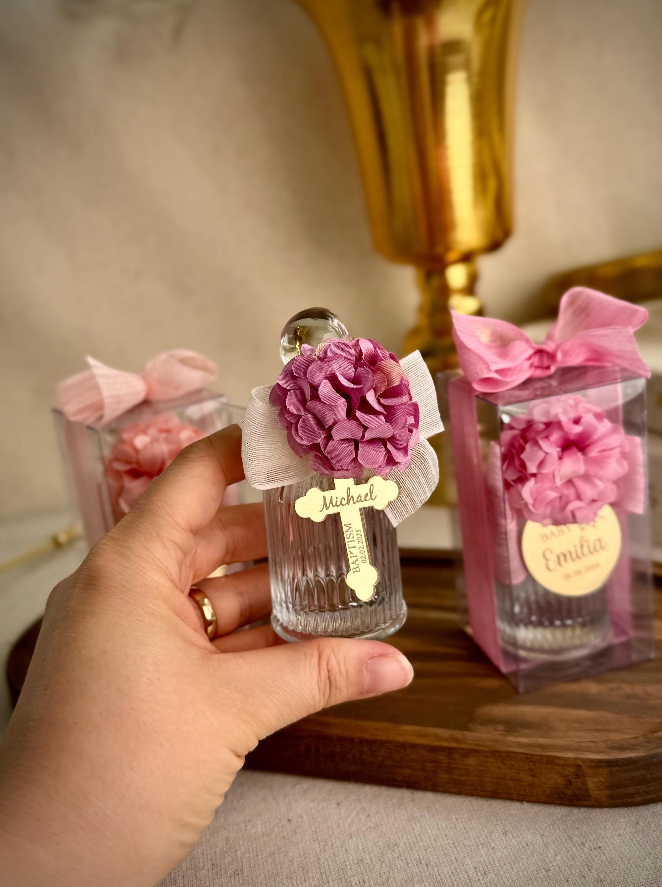 Holy Water Bottle Set Custom Engraved Mirror Tag Religious Symbol Collection Clear Glass Container Personalized Name Design Multiple Ribbon Options Fabric Flower Choices Special Occasion Gift Beautiful Keepsake Package Celebration Memory