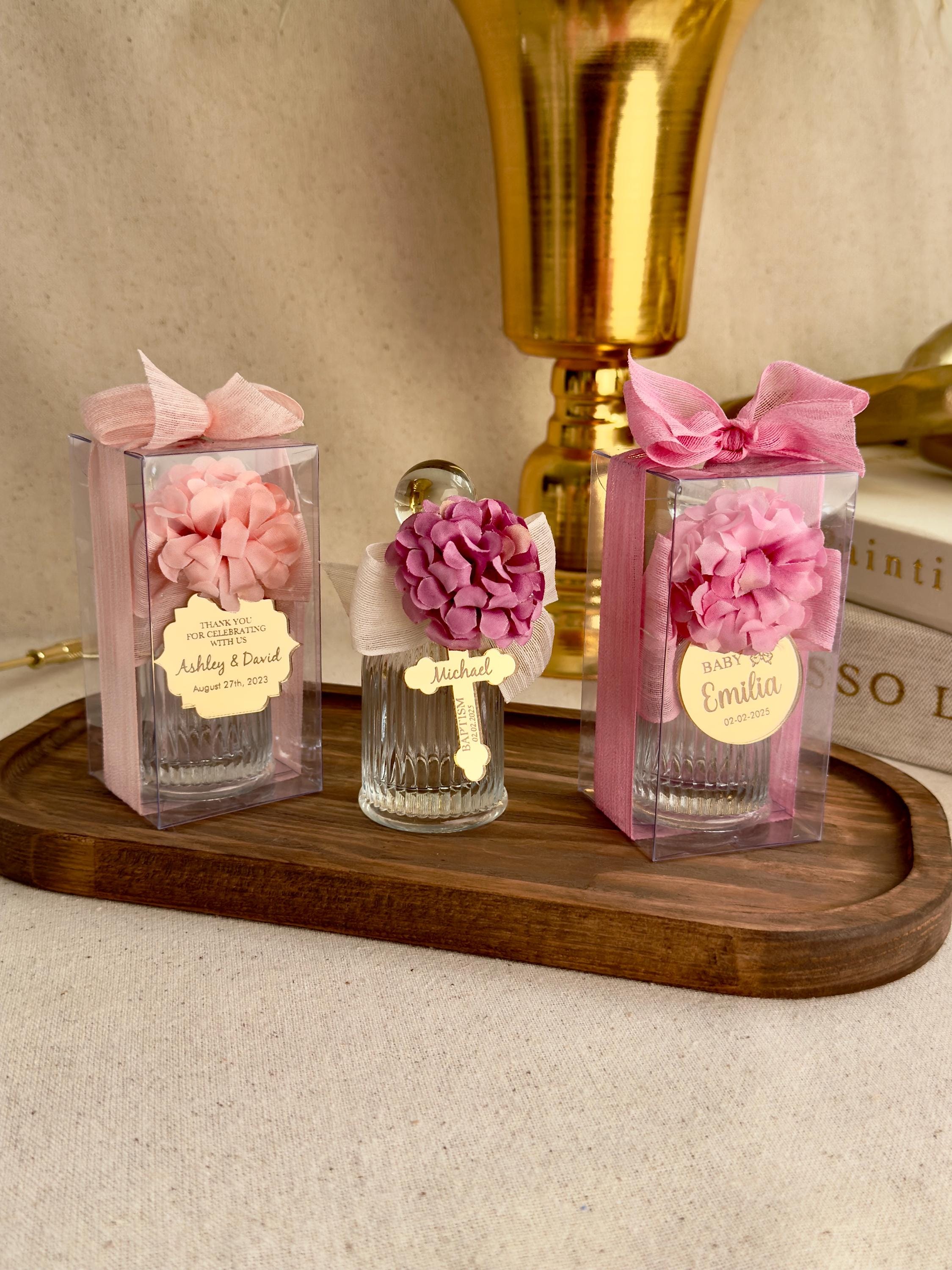 Communion Gift Set Clear Glass Bottle Holy Water Storage Custom Mirror Tag Engraving Religious Symbol Design Multiple Ribbon Colors Fabric Flower Options Personalized Name Tag Silver Gold Finish Beautiful Keepsake Collection Special
