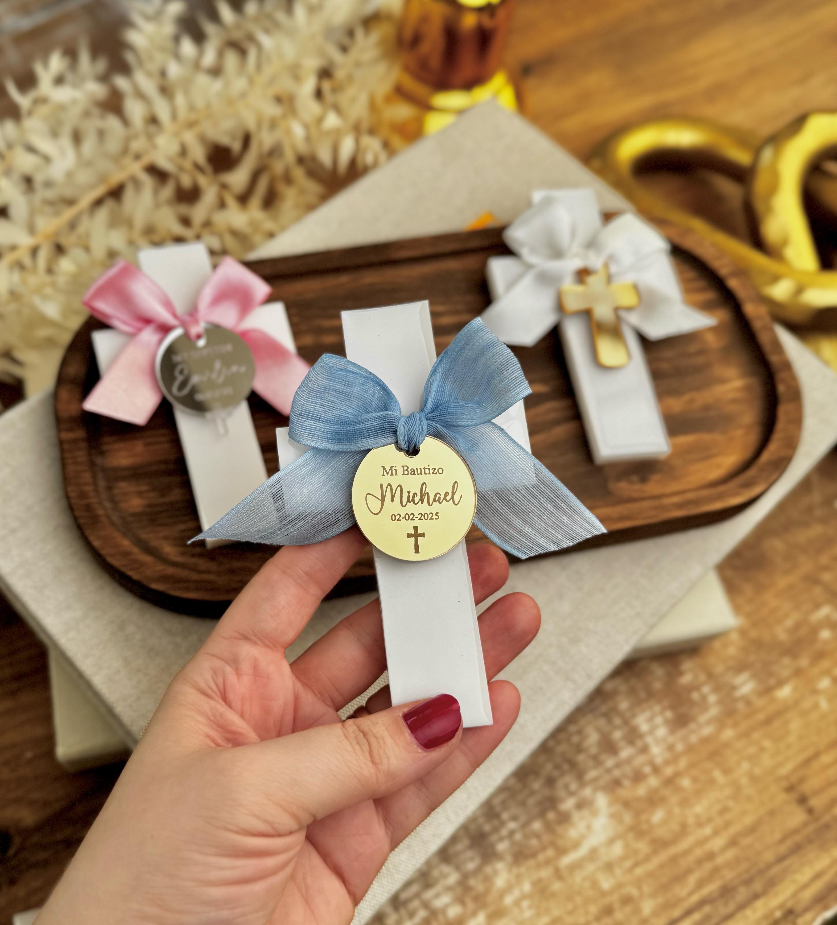 Personalized Cross Magnet Religious Favor Gift Box Ribbon Decoration Baptism Keepsake Christian Gift Communion Present White Cross Mirror