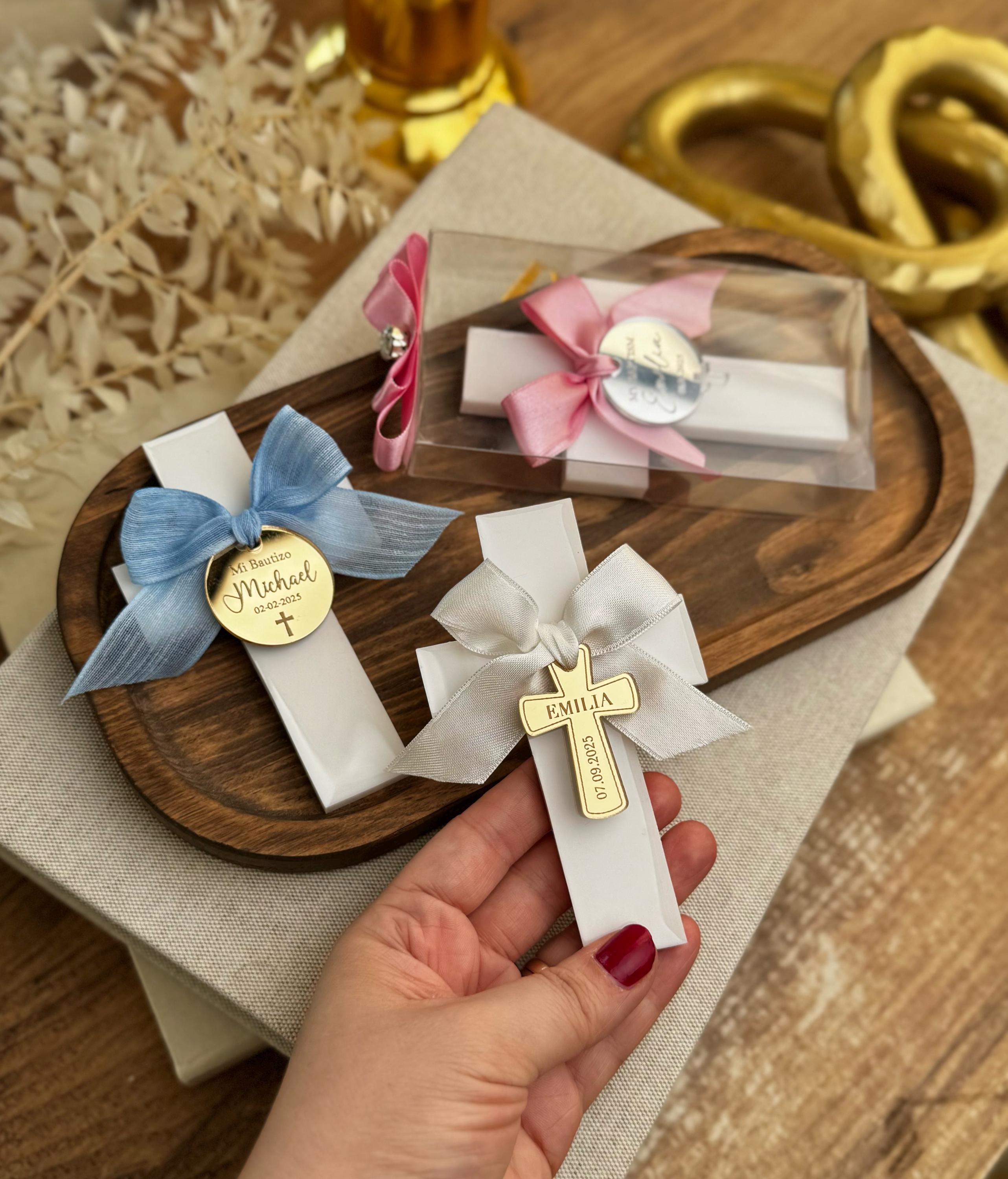 Personalized Cross Magnet Religious Favor Gift Box Ribbon Decoration Baptism Keepsake Christian Gift Communion Present White Cross Mirror