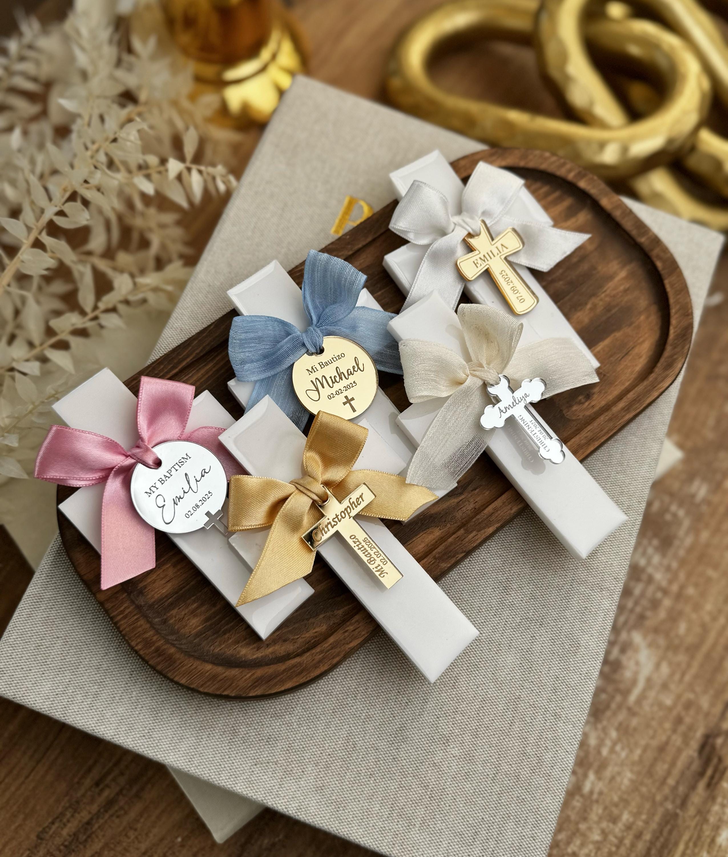 Personalized Cross Magnet Religious Favor Gift Box Ribbon Decoration Baptism Keepsake Christian Gift Communion Present White Cross Mirror