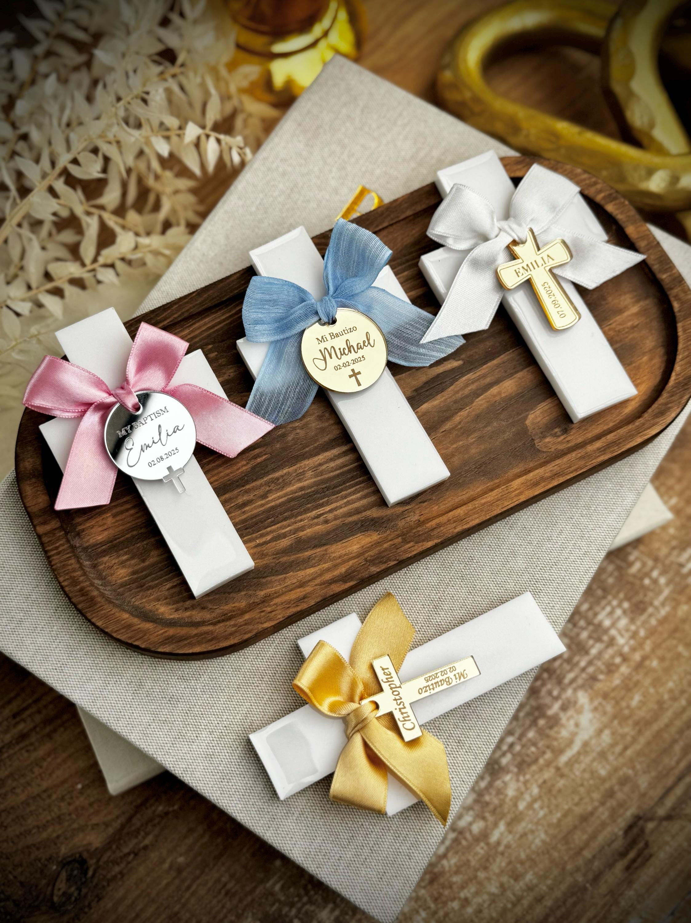 Personalized Cross Magnet Religious Favor Gift Box Ribbon Decoration Baptism Keepsake Christian Gift Communion Present White Cross Mirror