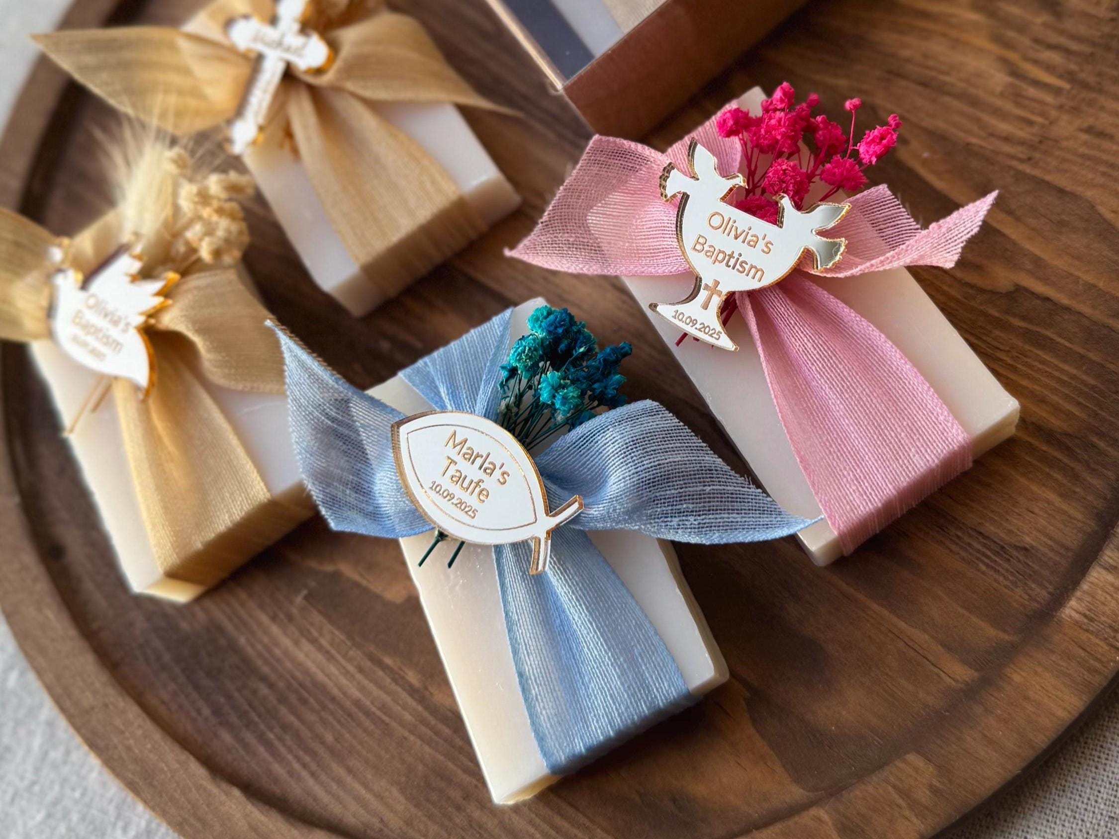 Turkish Bath Soap Set Religious Ceremony Favor Custom Design Package Mirror Name Tag Collection Cross Charm Accent Personalized Gift Details Premium Quality Construction Elegant Ribbon Display Beautiful Spiritual Keepsake Special Memory