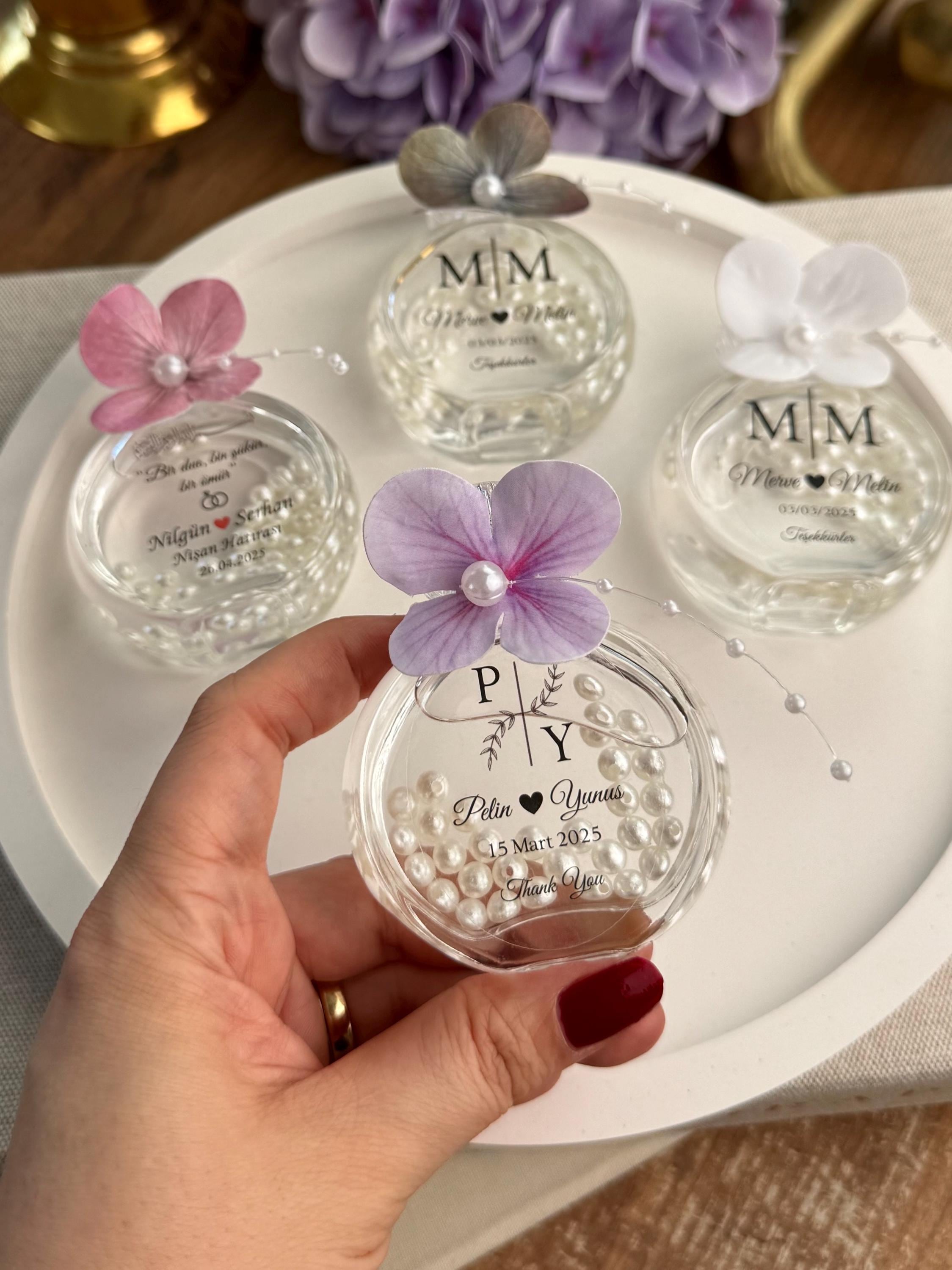 Custom Glass Favor Container Wedding Reception Gift Personalized Monogram Design Handcrafted Hydrangea Flower Pearl Center Elegant Party Keepsake Clear Display Case Beautiful Table Accent Special Event Memory Custom Name Date Details