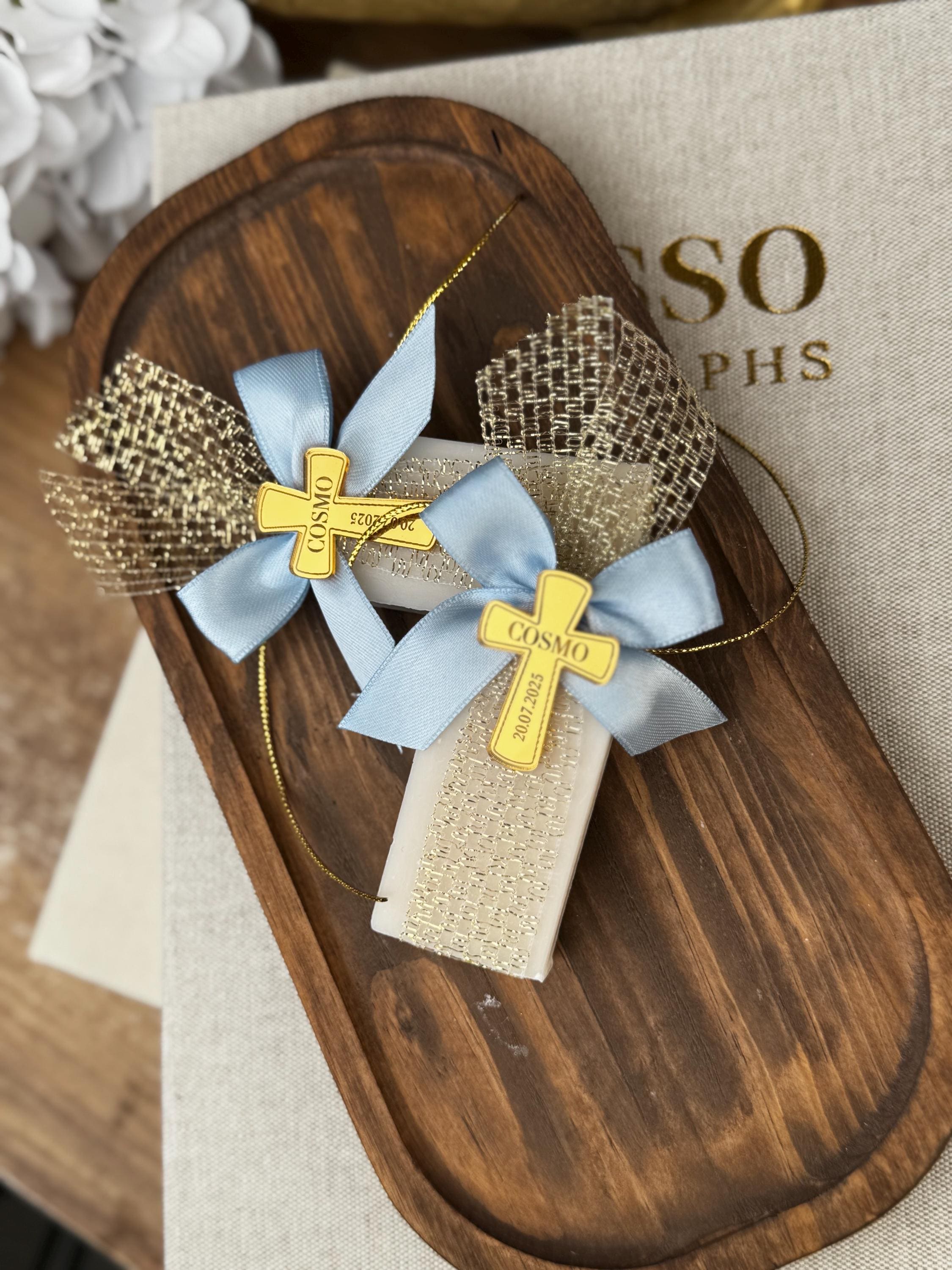 Personalized Baptism Soap Favor with Gold or Silver Cross & Ribbon - Custom Christening Gift for Boys and Girls - Elegant Religious Keepsake