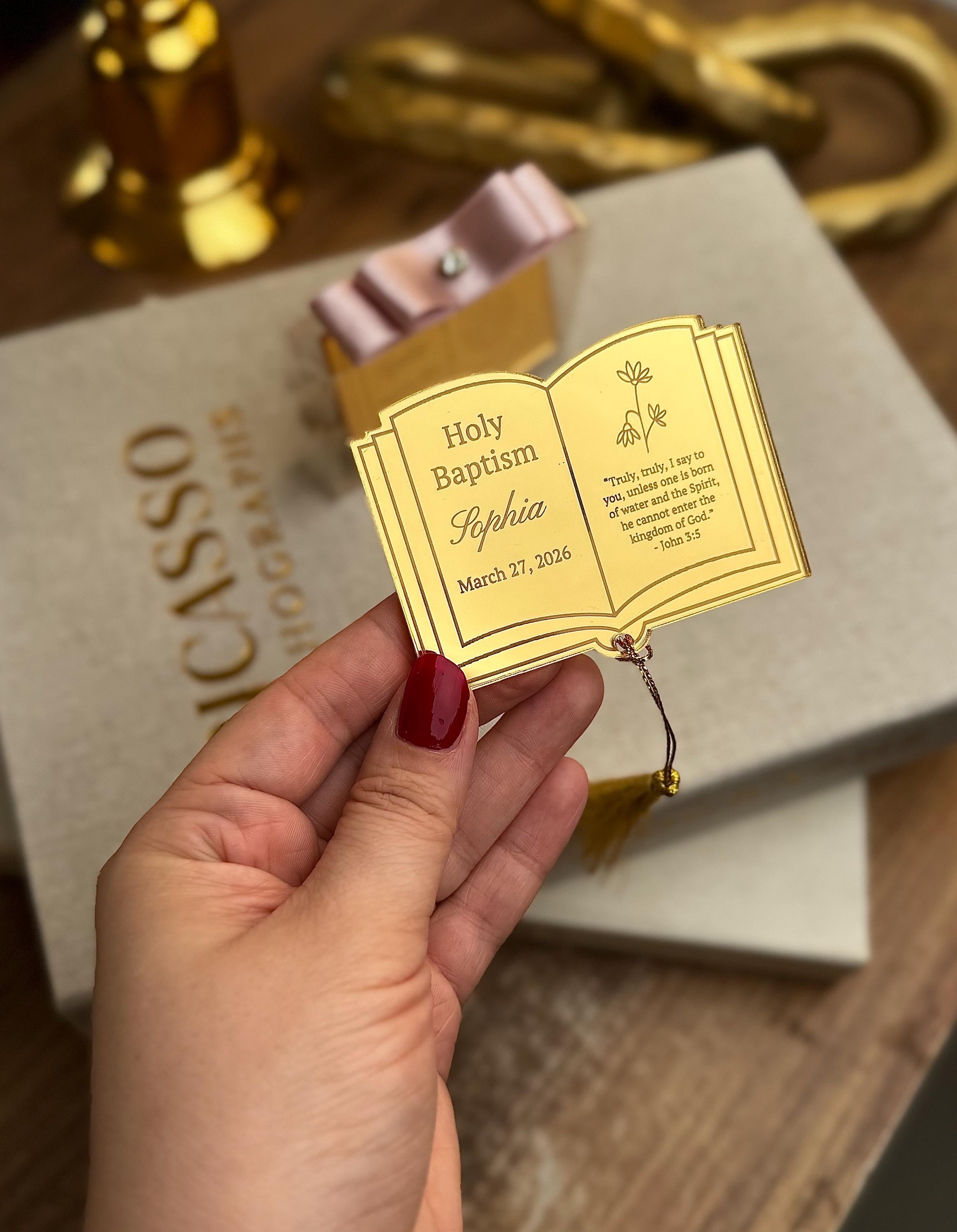 Custom Holy Keepsake Baptism Book Magnet Mirror Acrylic Design Religious Gift Collection Personalized Name Date Details Premium Quality Construction Beautiful Tassel Accent Special Ceremony Present Godchild Gift Elegant Display Package