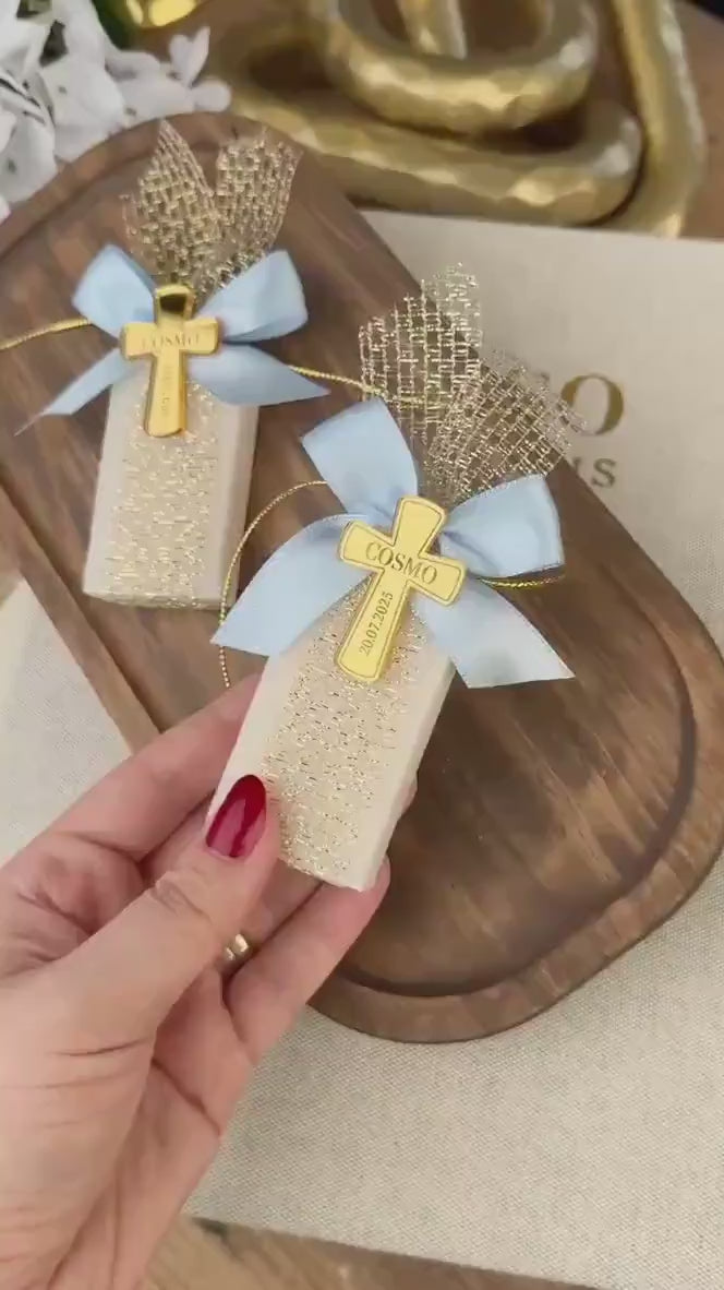 Personalized Baptism Soap Favor with Gold or Silver Cross & Ribbon - Custom Christening Gift for Boys and Girls - Elegant Religious Keepsake