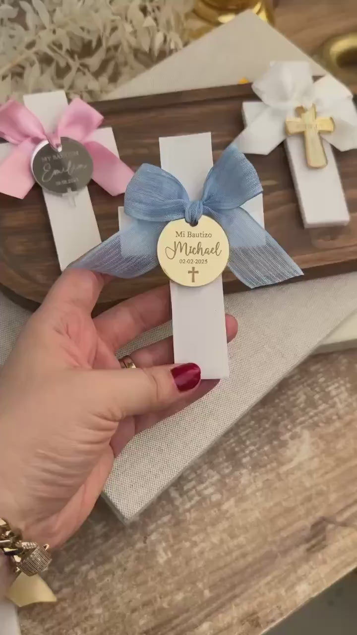 Personalized Cross Magnet Religious Favor Gift Box Ribbon Decoration Baptism Keepsake Christian Gift Communion Present White Cross Mirror