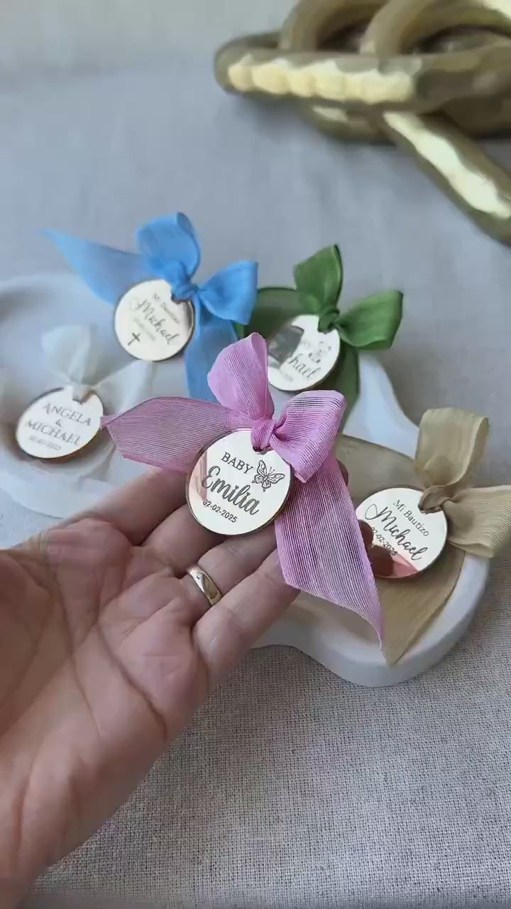 Personalized Round Acrylic Mirror Tags with Ribbon for Any Occasion, Engagement Favor Tag, Gift Tag, Save The Date Tags, Mi Bautizo Tags