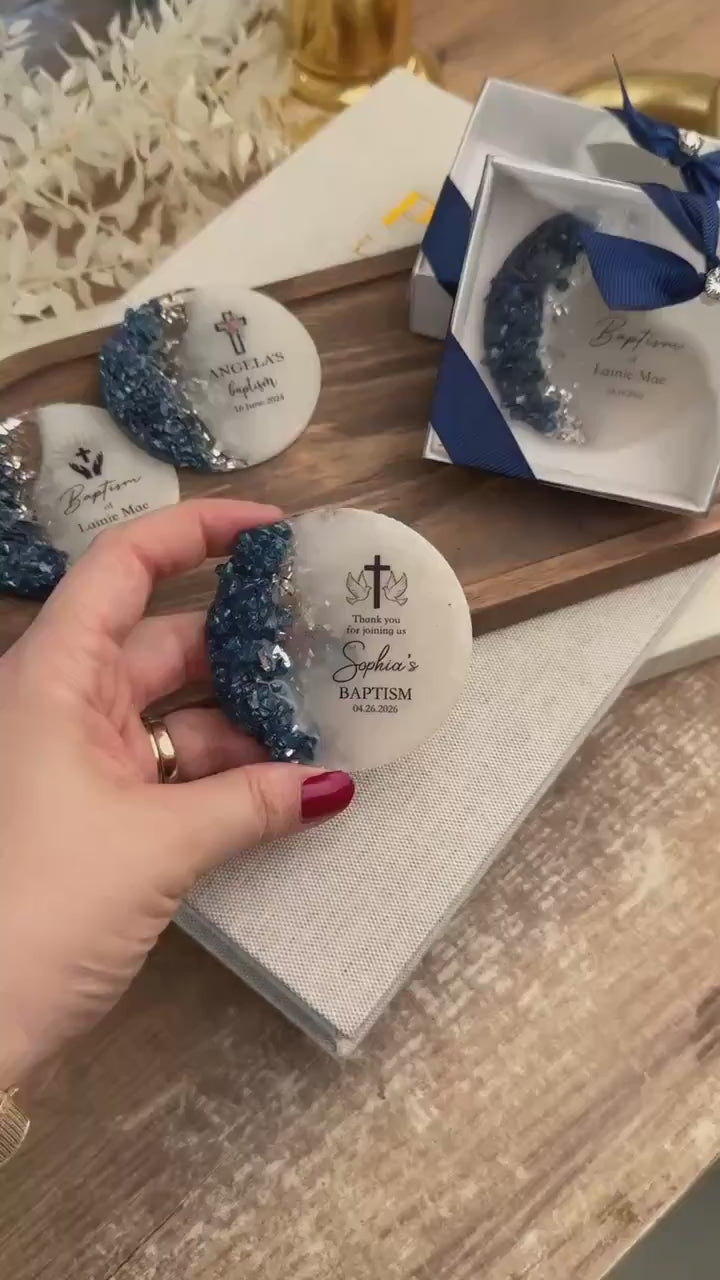 Navy Blue Personalized Baptism Favors For Boy-Girl, Golden Baptism Epoxy Magnet Favor, Christening Favor, Mi Bautizo Gift, Baby Shower Favor