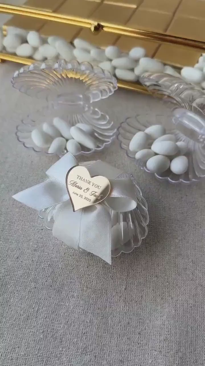 Bulk Almond Candy Transparent Seashell Box Favor, Ocean Theme Beach Wedding Favors for Guests, Acrylic Mirror Heart Tag, Thank You Favors