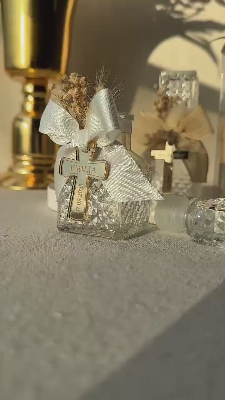 Girl Baptism Favor Glass Bottle Religious Decoration Pink Ribbon Party Favor First Communion Gift Keepsake Holy Water Bottle Charm Cross