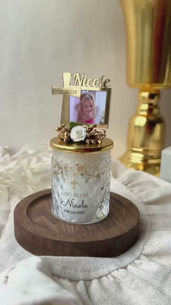 Custom Photo Frame Baptism Candle Favors, First Holy Communion Favor for Guests, Elegant Custom Christening Candle Favors Boy and Girl