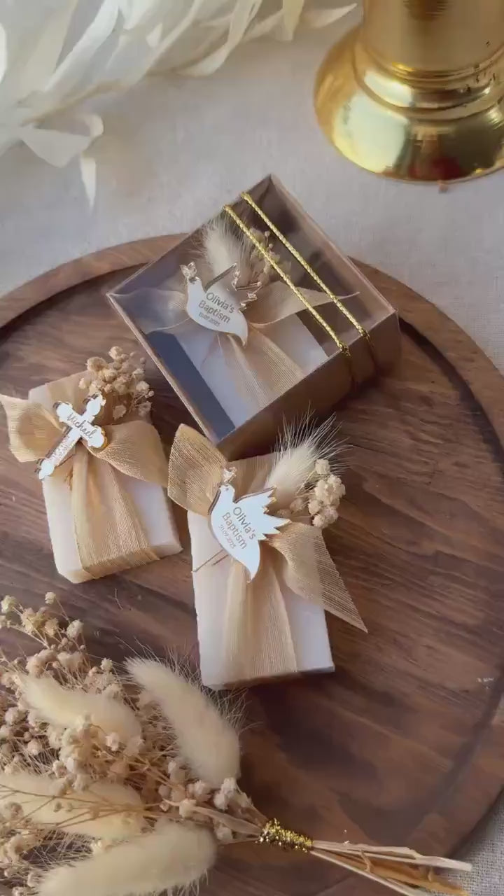 Baptism Soap Favor Gift Set Custom Design Mirror Tag Cross Charm Ribbon Decoration Religious Keepsake Baptism Gift Turkish Bath Scented Soap