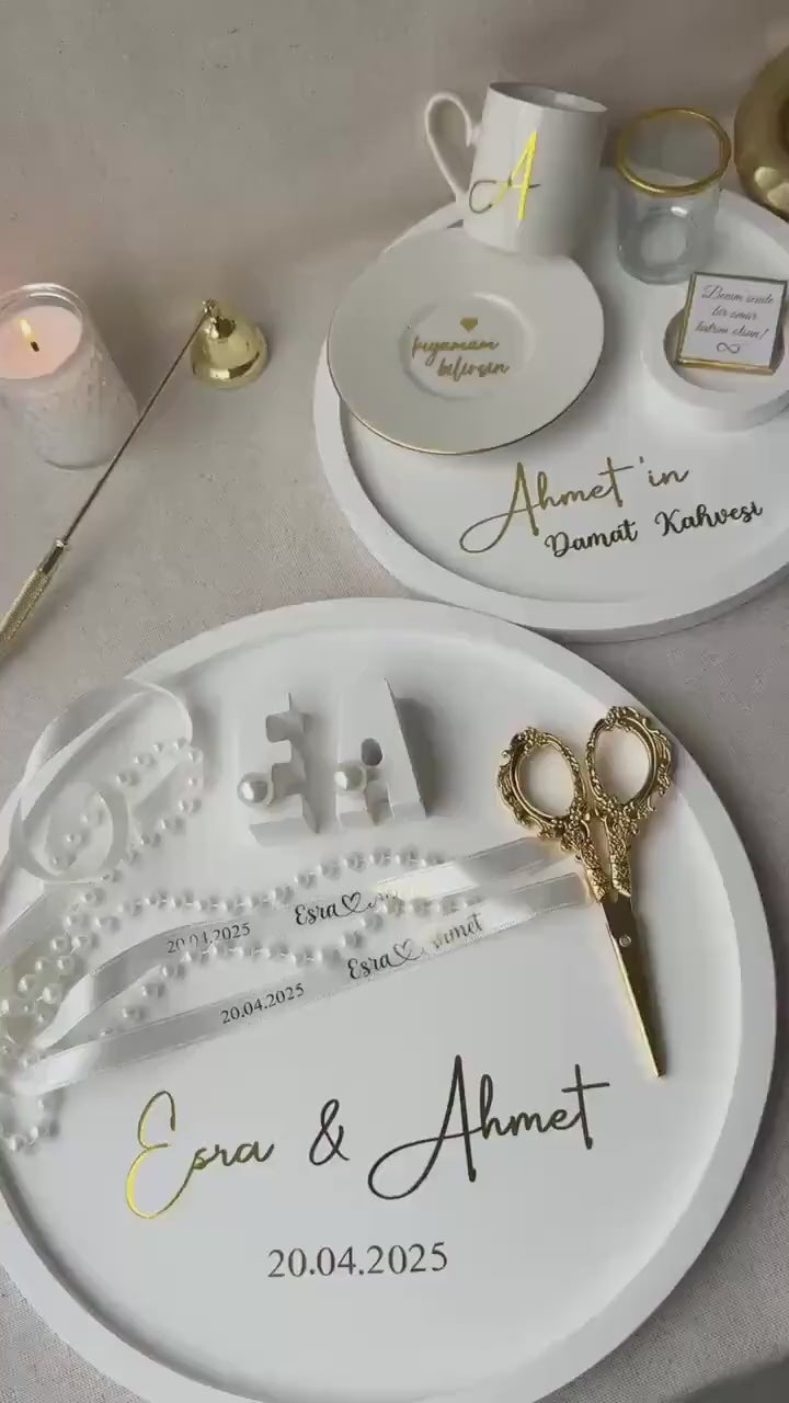 Handmade Engagement & Groom’s Coffee Tray Set – Personalized with Gold Foil, Söz Nişan Tepsisi Damat Kahve Tepsisi, Verlobungstablett
