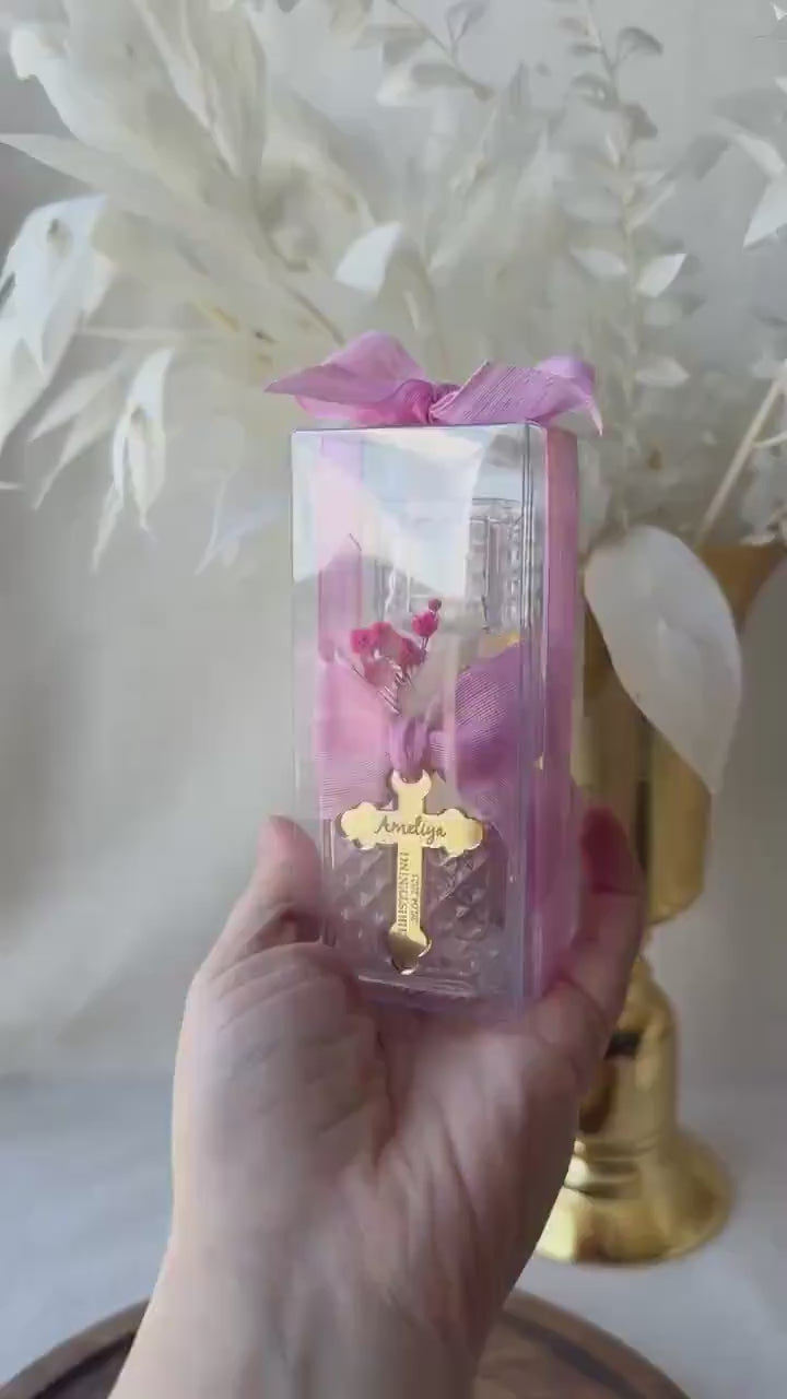 Pink Girls Baptism Favor Gift Glass Bottle Charm Decoration Holy Keepsake First Communion Gift Occasion Blessed Special