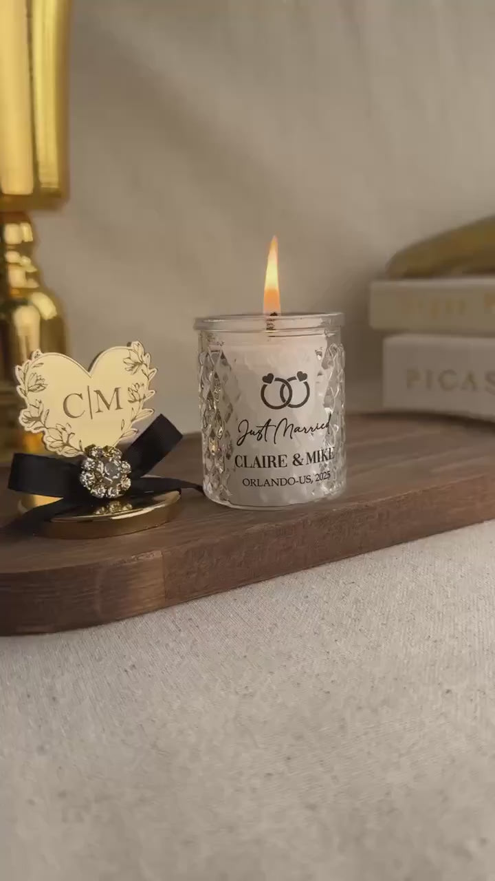 Personalized Wedding Favor Candle Gift Box Presentation Mirror Topper Gold Accent Jar Decoration Luxury Keepsake Bridal Memento Guest Gift